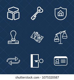 Premium set with outline icons. Such as lock, substitute, door, stationery, pin, paper, stamp, key, square, document, identity, location, balance, protect, security, cube, envelope, safety, travel, id