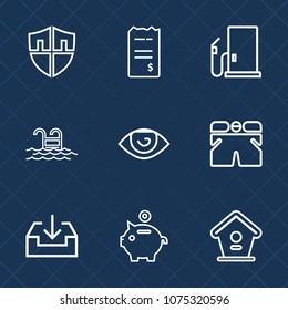 Premium set with outline icons. Such as shield, white, paper, pool, fuel, download, sign, shorts, oil, home, coin, web, protect, money, gas, wear, eye, template, fashion, protection, security, water