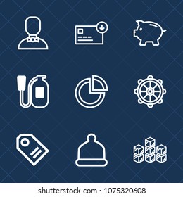 Premium set with outline icons. Such as fashion, head, internet, danger, people, money, price, male, storehouse, sale, nautical, emergency, wheel, pie, rudder, safety, chart, storage, industrial, coin