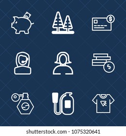 Premium set with outline icons. Such as bank, tshirt, perfume, typography, call, banking, face, trunk, center, print, equipment, woman, nature, finance, piggy, office, landscape, pig, money, lady