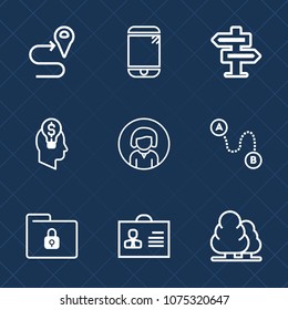 Premium set with outline icons. Such as doorknob, lock, navigation, travel, woman, cell, security, map, technology, phone, person, young, profile, idea, cellphone, safety, tree, internet, file, route