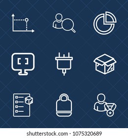 Premium set with outline icons. Such as circle, electric, profile, style, chart, sign, leather, computer, object, monitor, unpacking, account, internet, bag, screen, box, cardboard, web, package, plug