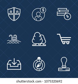 Premium set with outline icons. Such as summer, web, bank, shield, compass, investment, economy, east, sign, cash, protection, pool, security, tree, retail, stamp, concept, business, secure, protect