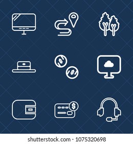 Premium set with outline icons. Such as nature, computer, cap, tree, pine, money, headset, plant, travel, call, credit, forest, gps, balance, bank, fashion, finance, navigation, route, head, green, pc