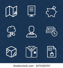 Premium set with outline icons. Such as technology, finance, meeting, box, presentation, communication, map, packaging, male, travel, internet, product, seminar, planet, people, network, fashion, cash