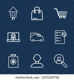 Premium set with outline icons. Such as transport, gift, delivery, spring, birdhouse, account, trolley, technology, business, buy, wooden, garden, web, van, sale, video, bird, male, bag, cargo, market