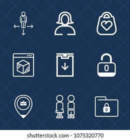 Premium set with outline icons. Such as accessory, travel, leather, beautiful, lock, pretty, file, female, shipping, map, safety, boy, folder, web, white, direction, protection, location, work, woman