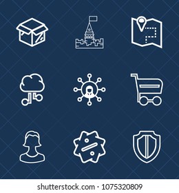 Premium set with outline icons. Such as road, box, protect, sale, carton, buy, architecture, white, castle, business, shop, protection, sign, screen, cloud, building, shipping, unpacking, profile, old