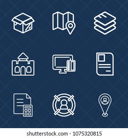 Premium set with outline icons. Such as shopping, travel, information, web, old, business, pin, payment, home, location, box, identity, carton, target, architecture, network, new, sign, internet, card