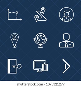 Premium set with outline icons. Such as globe, job, male, exit, web, arrow, work, sphere, global, card, boy, navigation, payment, travel, geography, sign, earth, pointer, door, people, casual, road
