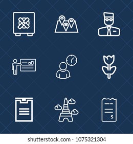 Premium set with outline icons. Such as work, delivery, package, secure, blossom, time, hour, user, france, safe, tower, navigation, location, finance, financial, landmark, people, meeting, security
