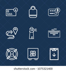 Premium set with outline icons. Such as route, customer, leather, sack, card, security, lighthouse, map, ocean, credit, wealth, web, safety, road, white, safe, download, technology, navigation, bank