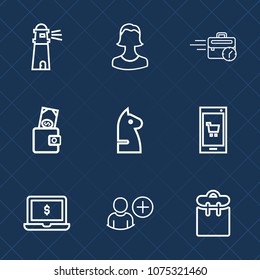 Premium set with outline icons. Such as app, sky, pretty, mobile, beacon, coast, phone, avatar, user, laptop, water, money, technology, notebook, computer, business, sea, late, navigation, game, add