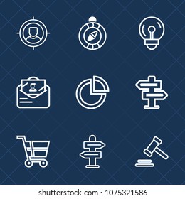 Premium set with outline icons. Such as courthouse, man, presentation, light, businessman, hanger, nautical, marketing, way, direction, east, west, retail, room, group, targeting, pie, dont, compass
