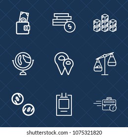 Premium set with outline icons. Such as modern, measurement, distribution, badge, office, factory, travel, storage, cash, label, sphere, money, business, delivery, sitting, balance, coin, wallet, bank