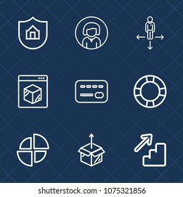 Premium set with outline icons. Such as inflatable, young, ring, new, package, security, box, place, pool, chart, travel, unpacking, road, delivery, internet, sign, protect, cardboard, money, pie, up