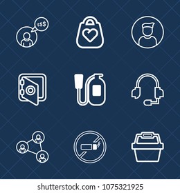 Premium set with outline icons. Such as screen, sign, headset, accessory, fire, microphone, laptop, people, internet, fashion, travel, work, no, leather, danger, emergency, equipment, communication