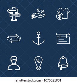 Premium set with outline icons. Such as sign, hotel, map, blank, room, disturb, alarm, bank, rudder, concept, replacement, boy, coin, business, ship, substitute, phone, door, wheel, poster, bell, sale