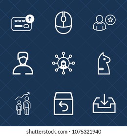 Premium set with outline icons. Such as development, equipment, computer, game, box, boy, bank, website, optical, chess, man, success, input, profile, male, button, click, screen, web, display, coin