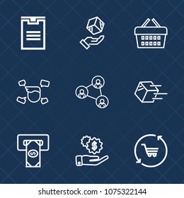 Premium set with outline icons. Such as shop, investment, cart, cardboard, money, phone, care, cargo, man, shipping, atm, shipment, technology, box, male, trolley, display, machine, dollar, delivery