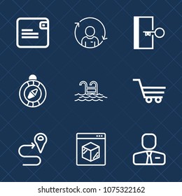 Premium set with outline icons. Such as direction, wallet, sign, swimming, profile, route, money, business, trolley, cart, shipping, summer, shop, retail, internet, map, dollar, management, water, man