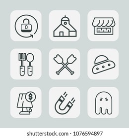 Premium set of outline icons. Such as ghost, ship, magnetic, unlock, boat, safety, restaurant, technology, ufo, protection, spaceship, electricity, oar, science, kitchen, fear, paddle, space, open
