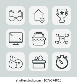 Premium set of outline icons. Such as public, pin, room, digital, technology, ball, fashion, achievement, vision, first, monitor, modern, summer, bowling, clock, apartment, new, watch, style, food