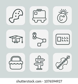 Premium set of outline icons. Such as cello, music, university, way, map, bank, chicken, thermometer, college, point, leg, summer, airport, scale, graduation, transportation, snack, arrow, sound, fast