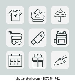 Premium set of outline icons. Such as t-shirt, queen, open, knife, poster, kitchen, time, shirt, leather, shovel, food, king, tshirt, fashion, construction, backpack, print, rain, shop, crown, white