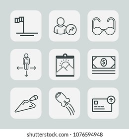 Premium set of outline icons. Such as chart, bank, view, blue, baja, equipment, fashion, road, craft, spaceship, graph, finance, place, technology, cortes, business, picture, sea of cortes, sign, cash