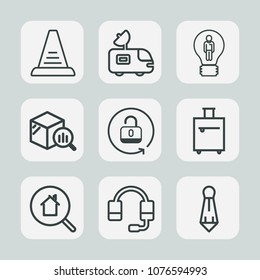 Premium set of outline icons. Such as travel, call, communication, trip, lock, construction, open, satellite, tie, trend, support, business, tv, bag, online, step, microphone, antenna, concept, news