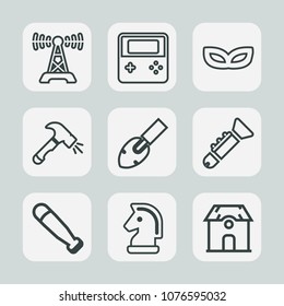 Premium set of outline icons. Such as button, architecture, holiday, web, celebration, musical, bat, party, strategy, shovel, carnival, trumpet, station, masquerade, jazz, broadcast, radio, baseball