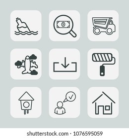Premium set of outline icons. Such as wooden, profile, tipper, internet, tool, vehicle, house, paint, health, online, home, blue, roller, business, liquid, aircraft, plane, transparent, mineral, sign