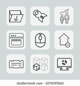 Premium set of outline icons. Such as bomb, template, entertainment, device, trash, progress, cardboard, falling, apartment, mouse, container, development, equipment, business, click, oven, computer