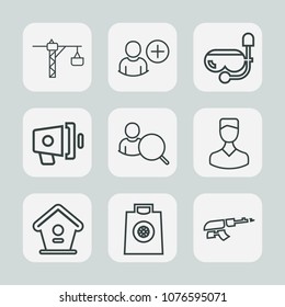 Premium set of outline icons. Such as web, loud, equipment, computer, online, network, house, mask, sale, buy, weapon, collection, snorkel, human, machine, speaker, drill, gift, wooden, gun, avatar