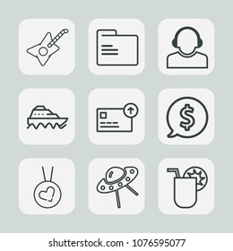 Premium set of outline icons. Such as transport, paper, ufo, empty, space, service, drink, object, folder, center, support, tag, musical, sea, glass, price, open, juice, guitar, money, business, love