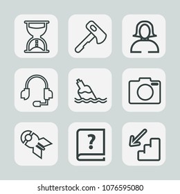 Premium set of outline icons. Such as support, photo, glass, time, liquid, hammer, upstairs, bottle, microphone, construction, minute, falling, nuclear, downstairs, up, graphic, axe, clock, countdown