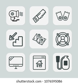 Premium Set Of Outline Icons. Such As Air, Construction, Hair, White, Marketing, Pc, Travel, Fan, Drill, Hot, Down, Safety, Up, Fire, Estate, Blowing, Upstairs, Road, Computer, Electric, House, Target