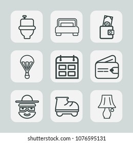 Premium set of outline icons. Such as lamp, day, public, beautiful, wc, restroom, room, extreme, purse, money, sky, happy, calendar, time, business, finance, furniture, bedroom, table, switch, cartoon