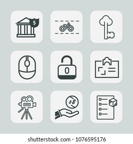 Premium set of outline icons. Such as business, finance, concept, transportation, computer, vintage, package, id, dollar, sport, box, protection, cargo, door, investment, tripod, key, cycle, money