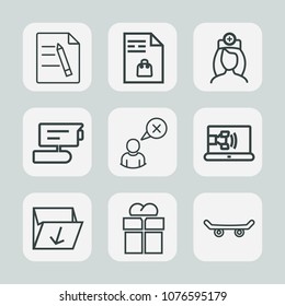 Premium set of outline icons. Such as grocery, business, doctor, gift, sign, box, package, rubbish, supermarket, skateboard, board, notebook, skater, waste, web, skate, food, page, call, document, tv