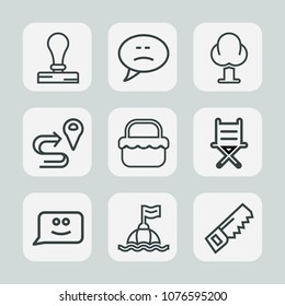 Premium set of outline icons. Such as furniture, smile, face, chat, route, nature, navigation, message, identity, envelope, saw, armchair, construction, landscape, water, talk, forest, bubble, safety