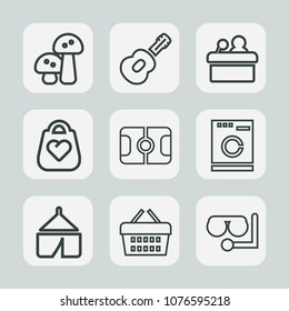 Premium set of outline icons. Such as diving, basket, soccer, conference, adventure, equipment, meeting, object, nature, store, football, sport, shop, vegetable, musical, fungus, stadium, travel, sale