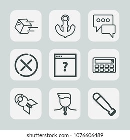 Premium set of outline icons. Such as travel, speech, transport, internet, competition, sign, calculator, anchor, box, merchandise, baseball, bubble, package, weapon, bat, no, freight, equipment, bomb