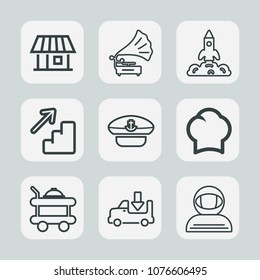 Premium set of outline icons. Such as transportation, hat, chief, shipping, lorry, modern, vintage, transport, hotel, cosmonaut, astronaut, science, captain, cook, uniform, retro, service, sound, food