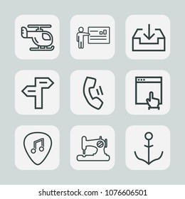 Premium set of outline icons. Such as white, conference, transport, meeting, sew, musical, guitar, transportation, ship, fly, flight, seminar, mobile, sewing, technology, rudder, people, mouse, craft