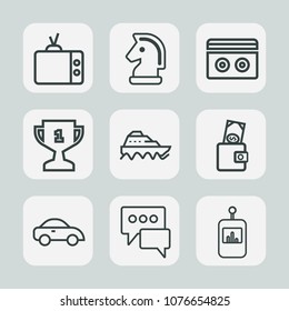 Premium set of outline icons. Such as winner, business, chessboard, success, control, strategy, screen, chess, stereo, tv, ship, piece, place, technology, money, car, water, sound, purse, audio, boat