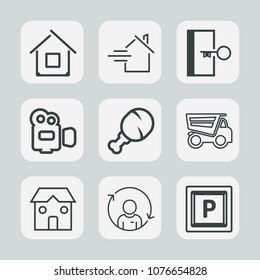 Premium set of outline icons. Such as chicken, sign, estate, modern, safety, video, fast, truck, transport, street, exit, real, arrow, equipment, emergency, dump, camera, concept, building, property
