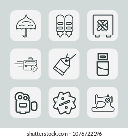 Premium set of outline icons. Such as tag, internet, bank, rain, desk, banking, secure, open, sewing, sign, office, umbrella, safe, machine, camera, lock, object, season, safety, discount, film, video