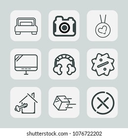 Premium set of outline icons. Such as estate, label, furniture, ring, bedroom, house, photographer, necklace, sound, home, package, double, stop, delivery, camera, shipment, love, fashion, equipment